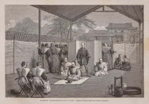 Illustration Crépon de 1867 d'un samouraï pratiquant le seppuku