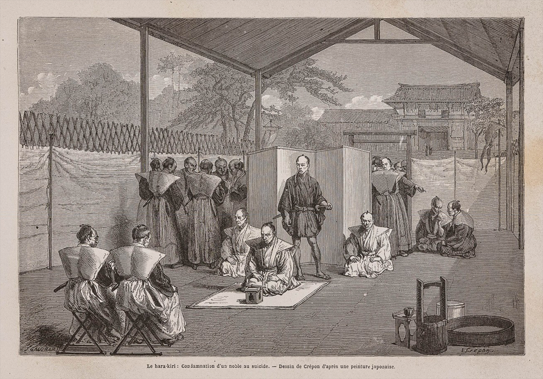 Illustration Crépon de 1867 d'un samouraï pratiquant le seppuku